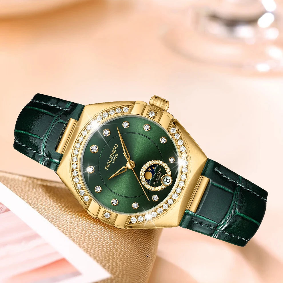 ROLENDO Constellation Style Automatic Watch Diamond-Set Emerald Sun-patterned Dial Date Sapphire 3ATM Elegant Women's Wristwatch