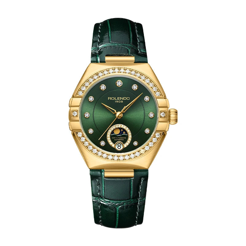 ROLENDO Constellation Style Automatic Watch Diamond-Set Emerald Sun-patterned Dial Date Sapphire 3ATM Elegant Women's Wristwatch