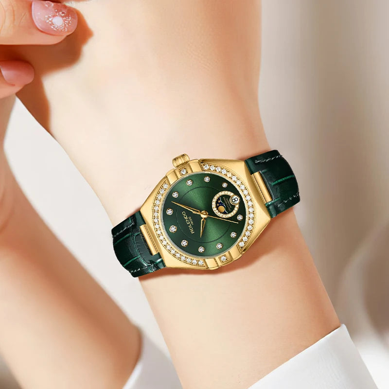 ROLENDO Constellation Style Automatic Watch Diamond-Set Emerald Sun-patterned Dial Date Sapphire 3ATM Elegant Women's Wristwatch