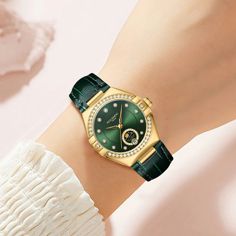 ROLENDO Constellation Style Automatic Watch Diamond-Set Emerald Sun-patterned Dial Date Sapphire 3ATM Elegant Women's Wristwatch