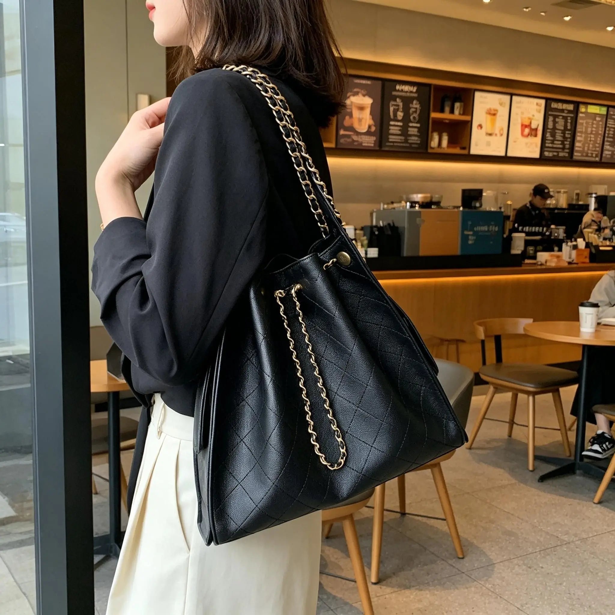 Spring Summer Commuter Bucket Bag Chain Shoulder Crossbody Grid Small Fragrance Style Soft Leather Bag Luxury bag