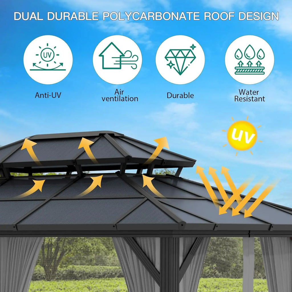 10x13 FT Hardtop Gazebo Aluminum Framed Outdoor Polycarbonate Double Roof Canopy Pavilion Netting Curtains for Patio Lawn Deck G