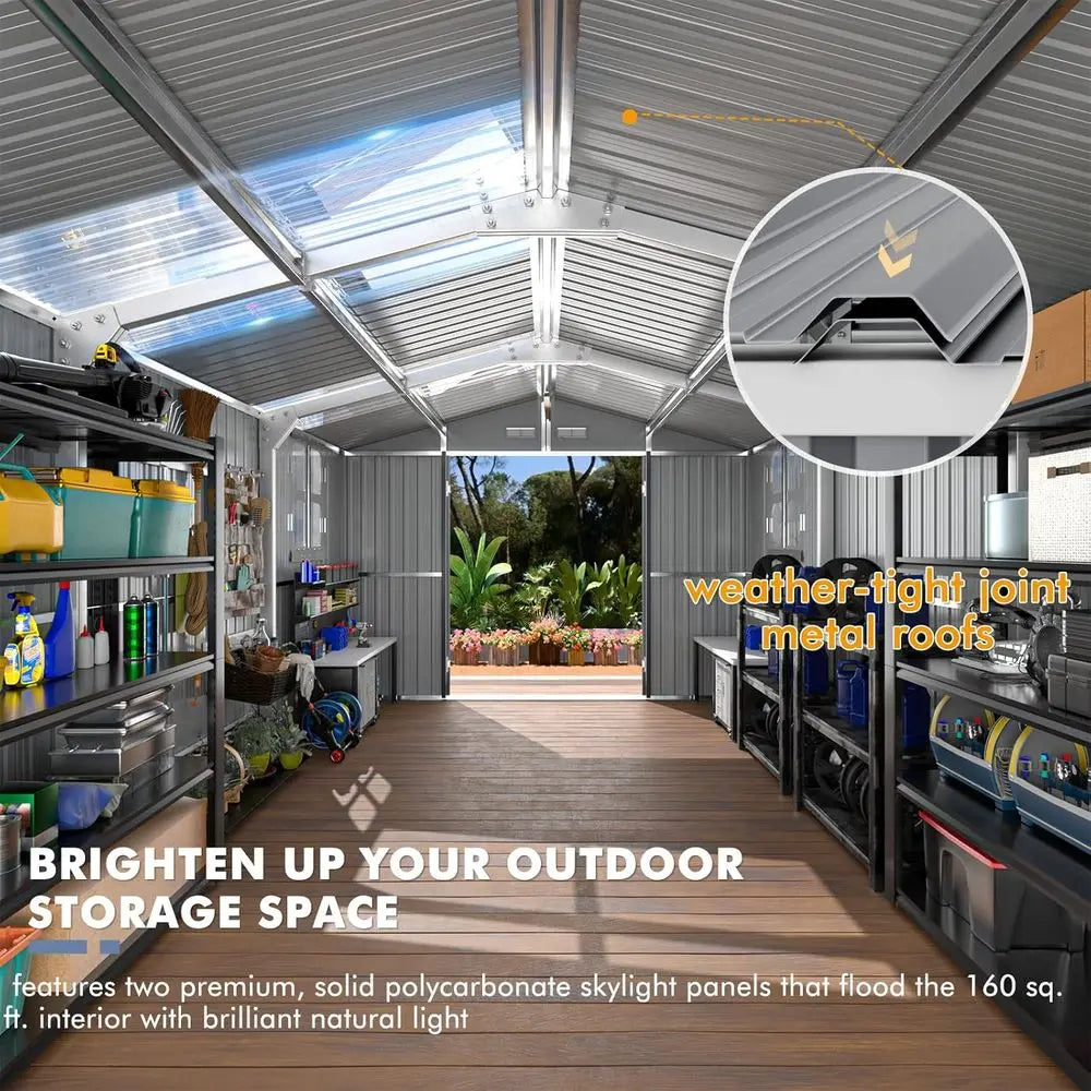 10x16 Large Galvanized Steel Garden Shed with Custom Skylight and Reinforced Structure