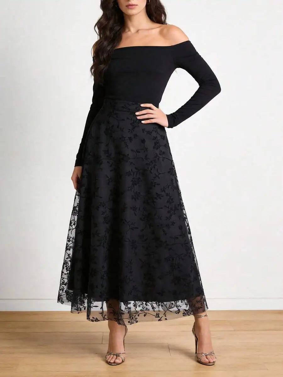 Women's High Waist Floral Embroidered Sheer Mesh A-Line Skirt, Vintage Romantic Style