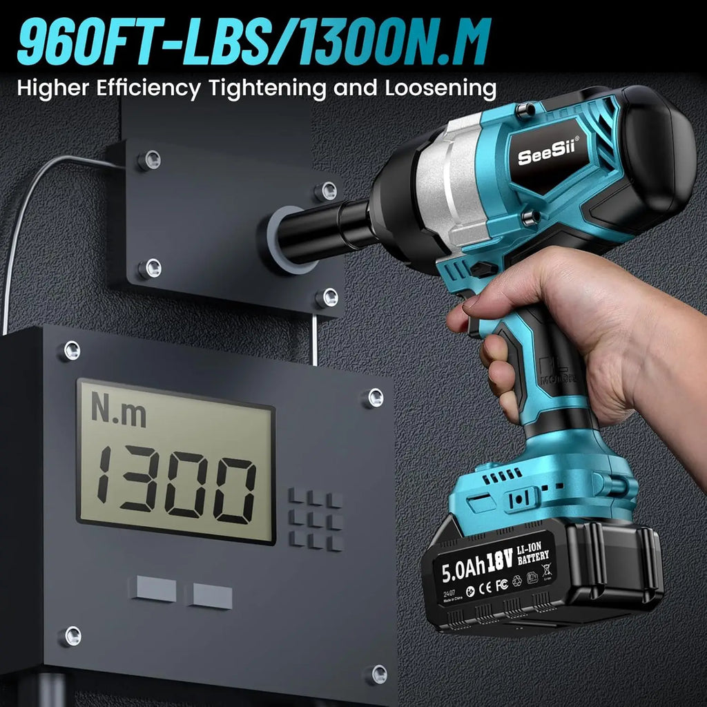 Seesii WH810 Electric Impact Wrench Cordless 1300NM High Torque 1/2 960Ft-lbs Brushless Impact Gun Kit 2x 5Ah Battery for Makita