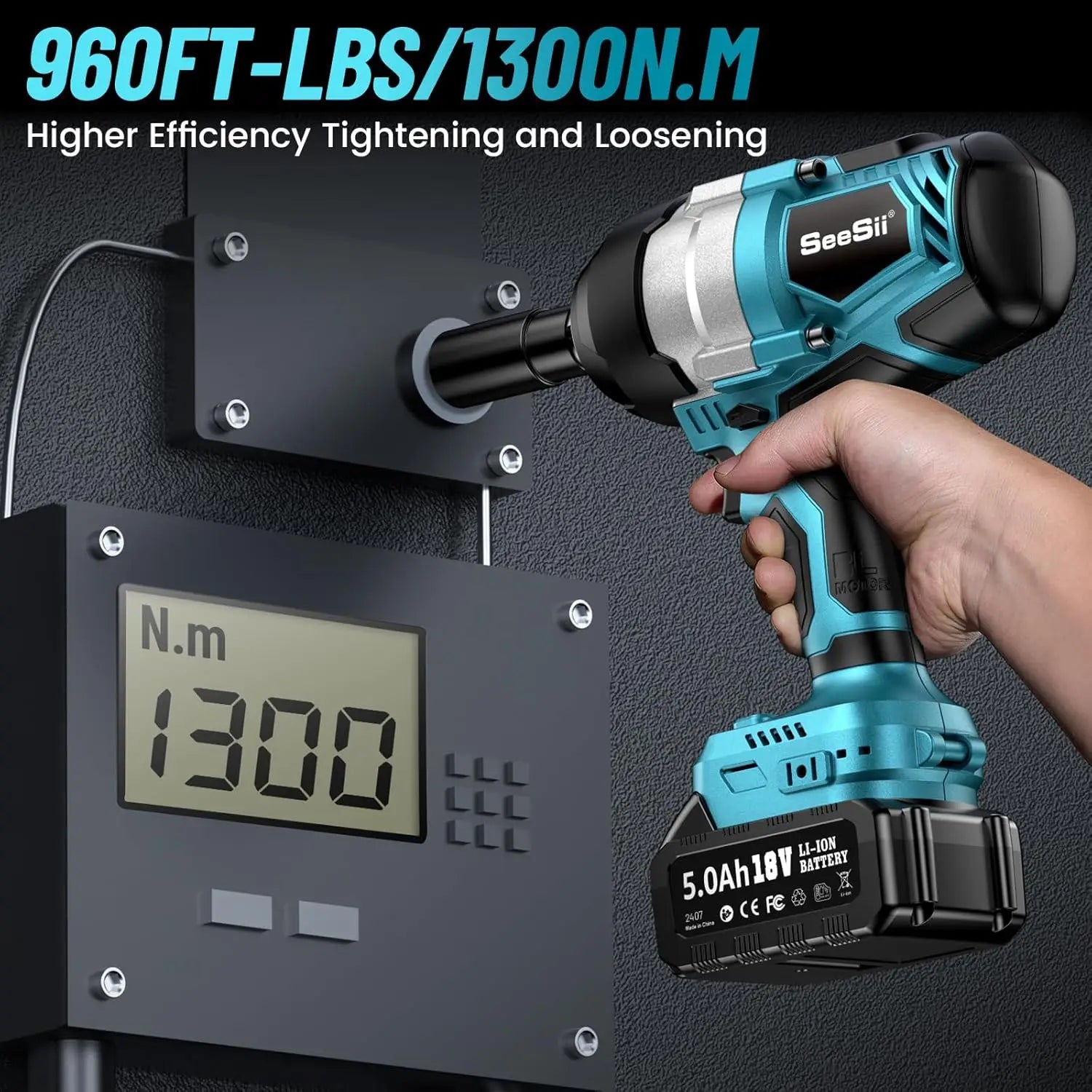 Seesii WH810 Electric Impact Wrench Cordless 1300NM High Torque 1/2 960Ft-lbs Brushless Impact Gun Kit 2x 5Ah Battery for Makita