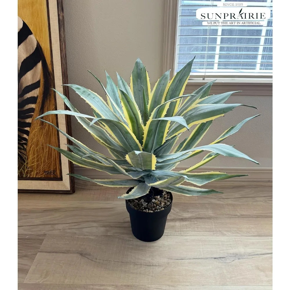 32 Inch Tall Large Faux Agave Plant with Two-Tone Sawtooth Edged Leaves; Planted in Black Pot with Real Stone Pebbles