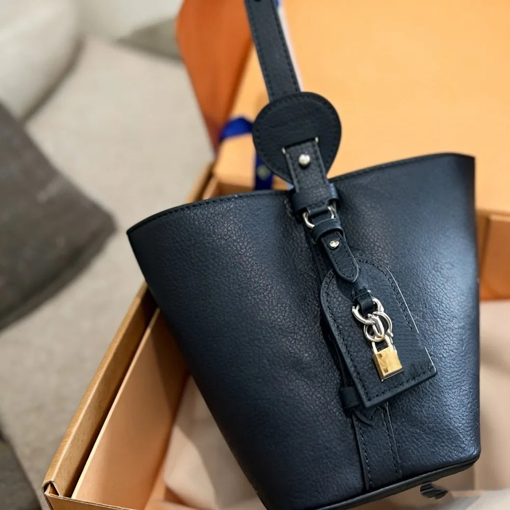 Sage Elite Black Leather Bucket Bag Women's Fashion Lock Decor Crossbody Handbag Stylish Daily Casual Purse with Sage Elite Tag