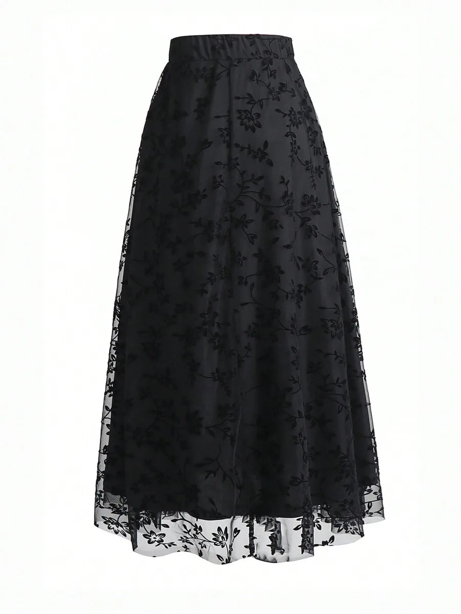 Women's High Waist Floral Embroidered Sheer Mesh A-Line Skirt, Vintage Romantic Style