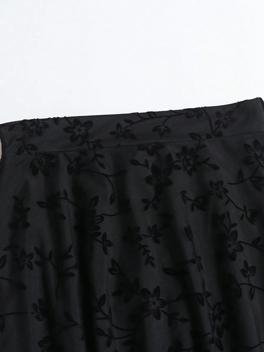 Women's High Waist Floral Embroidered Sheer Mesh A-Line Skirt, Vintage Romantic Style