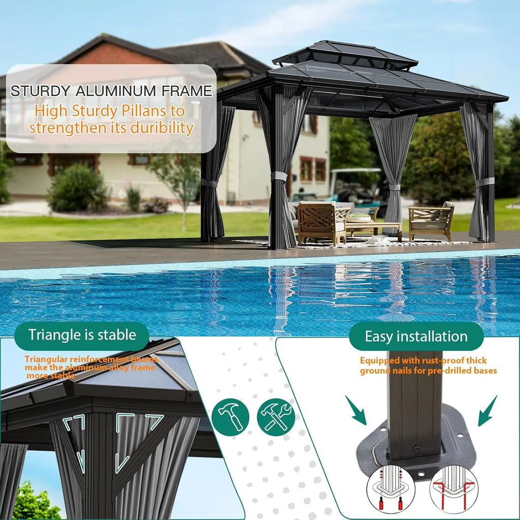 10x13 FT Hardtop Gazebo Aluminum Framed Outdoor Polycarbonate Double Roof Canopy Pavilion Netting Curtains for Patio Lawn Deck G