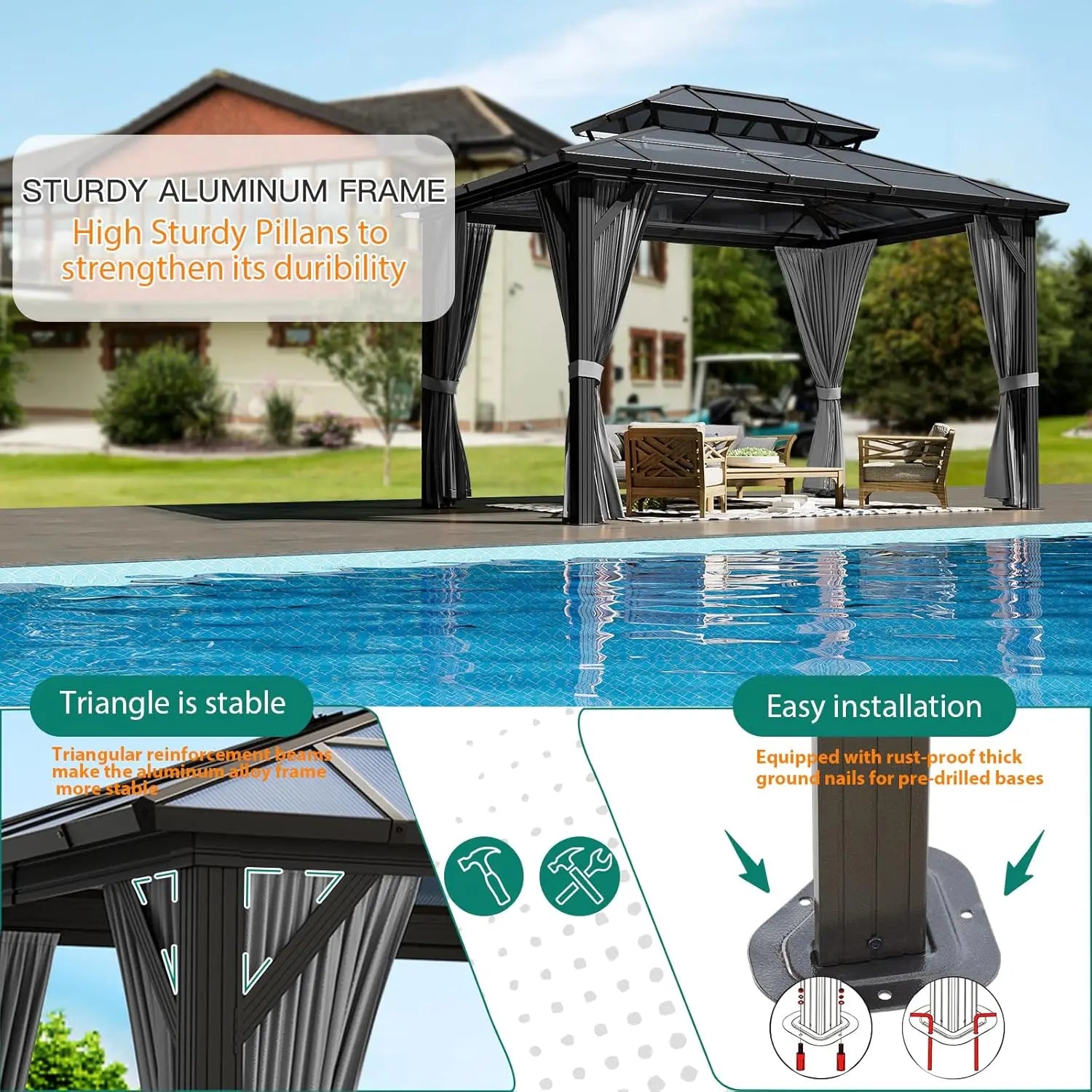 10x13 FT Hardtop Gazebo Aluminum Framed Outdoor Polycarbonate Double Roof Canopy Pavilion Netting Curtains for Patio Lawn Deck G