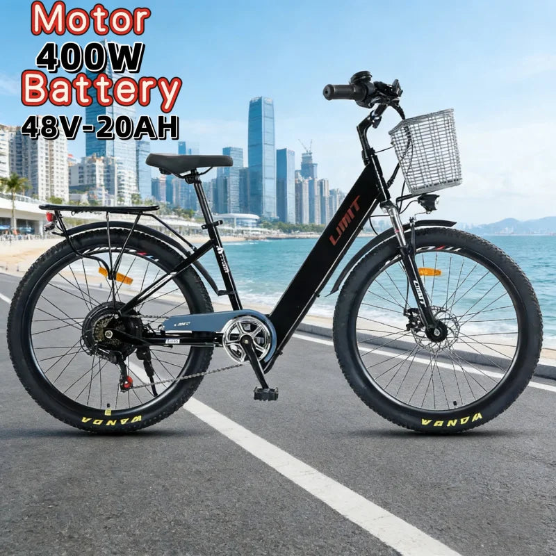 48V20AH lithium battery urban leisure electric bicycle, lightweight 400W electric moped bicycle, 26-inch 7-speed E-Bike