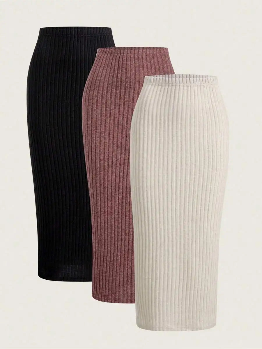 3-Pack High Waist Ribbed Knit Bodycon Skirt Set for Women - Black, Mauve, Cream