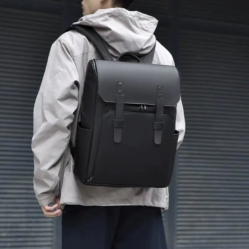 Classic Black Leather Backpack, Waterproof Business Bag for Men, Durable School & Work Backpack with Laptop Compartment