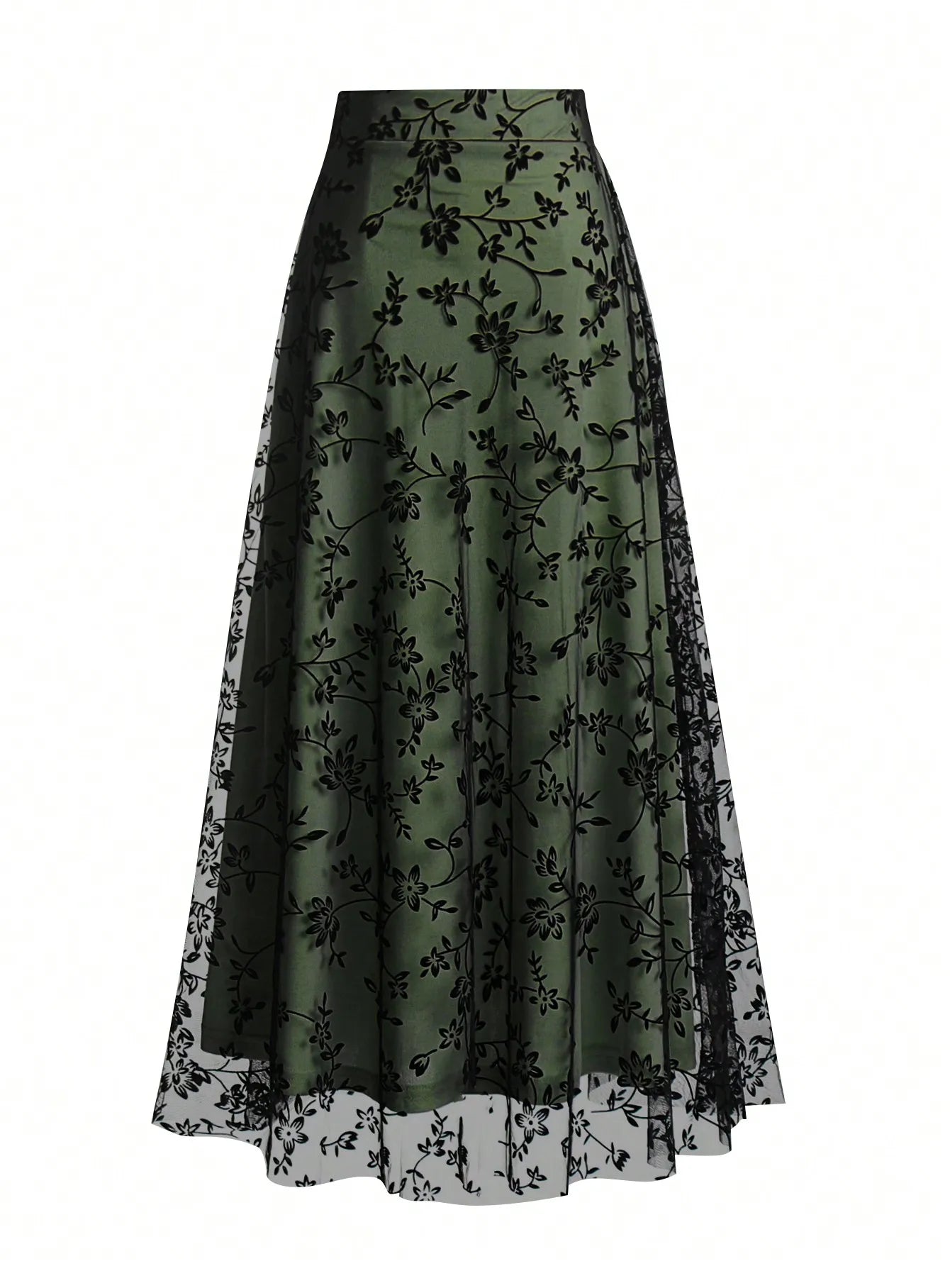 Women's High Waist Floral Embroidered Sheer Mesh A-Line Skirt, Vintage Romantic Style