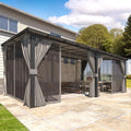Large Wall Mounted Lean To Pergola Gazebo 20x12 Hard Top With Curtains Netting For Patio Lawn Backyard Garden Deck