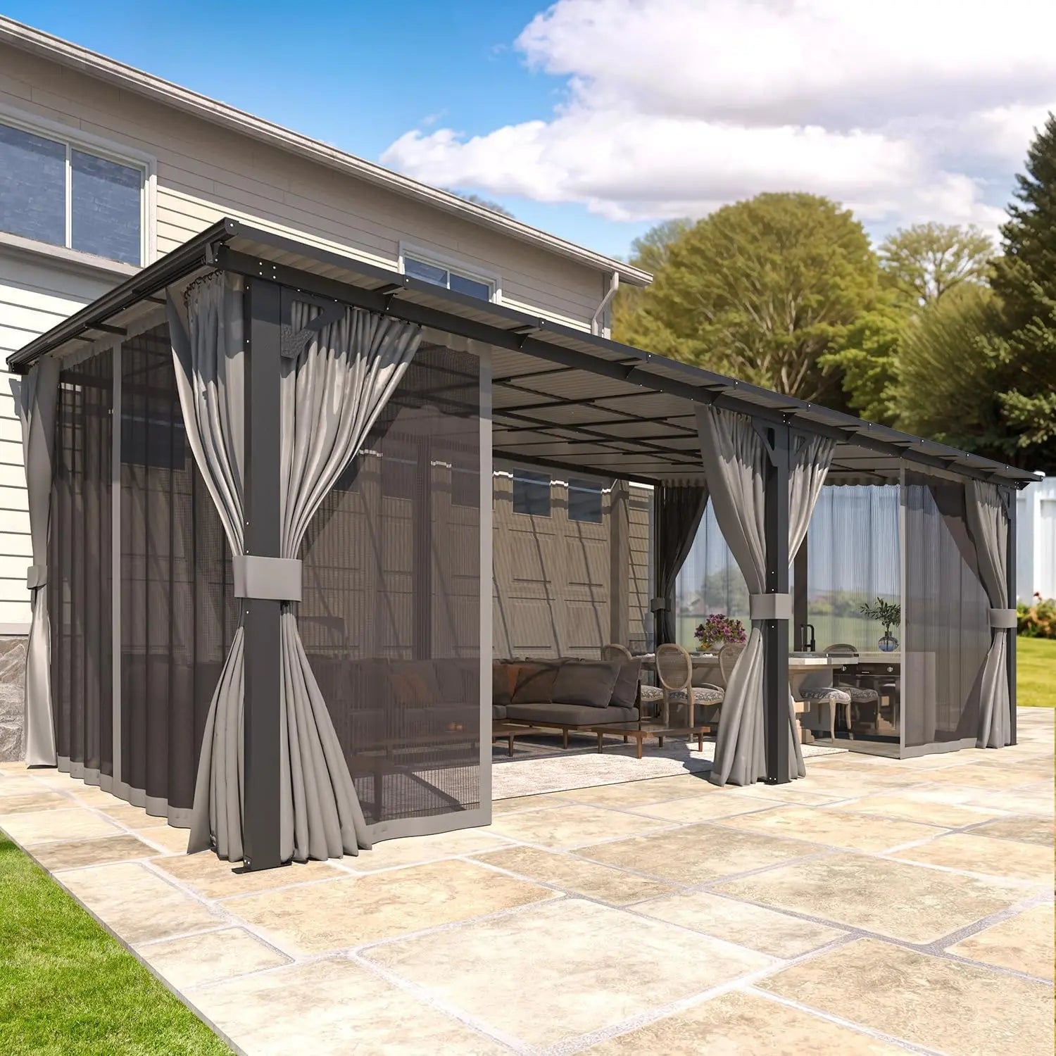 Large Wall Mounted Lean To Pergola Gazebo 20x12 Hard Top With Curtains Netting For Patio Lawn Backyard Garden Deck