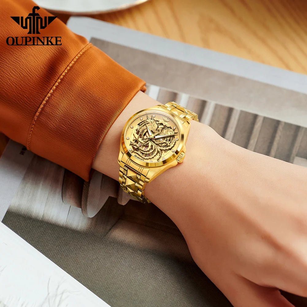 OUPINKE Top Luxury Women's Watches Golden Phoenix Dial Original Automatic Mechanical Watch for Lady Waterproof Luminous Gift Set