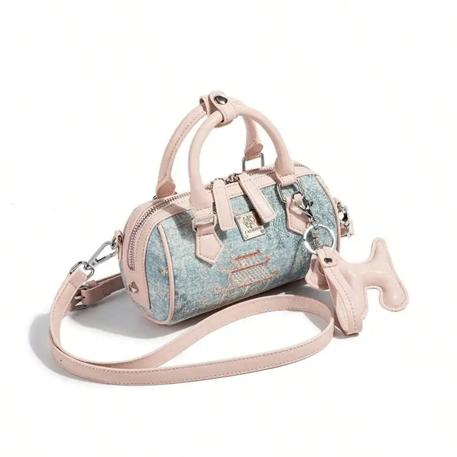 Pastel Pink Handle Bag with Embroidered Pagoda Motif, Boston Style Pillow Shape Crossbody for Women