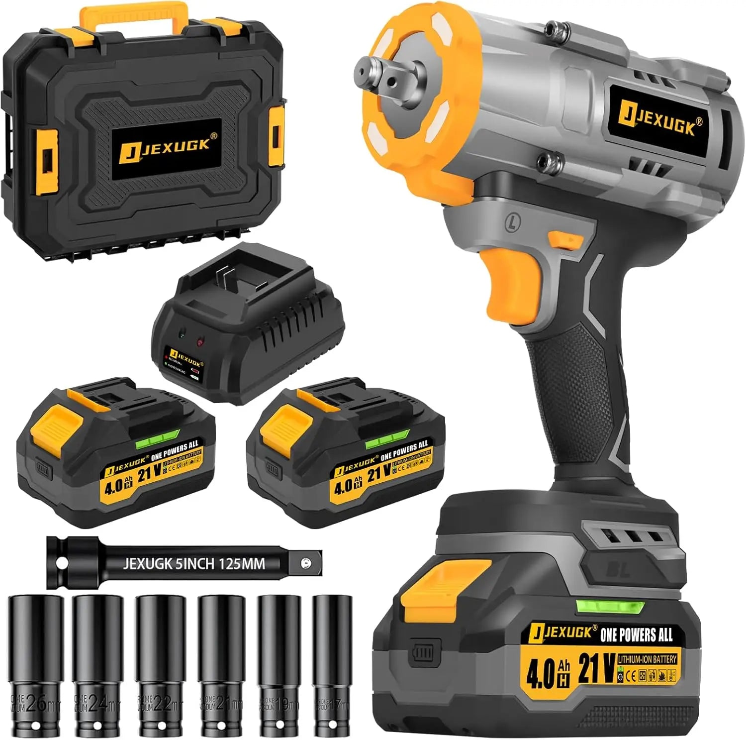1600Nm Cordless Impact Wrench 21V 1/2' Brushless with 2x4.0Ah Batteries & 6 Sockets