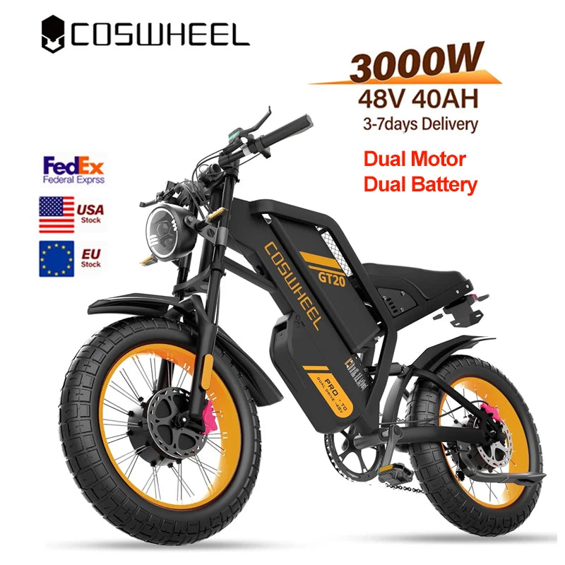 Coswheel Electric bike for Adult 3000W Dual Motor 40AH Battery Off-Road Motorcycle Mountain Bikes 20Inch Electric bike Fatbike