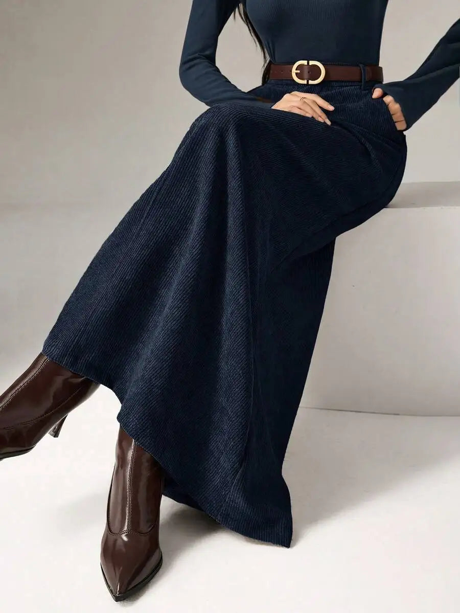 Women's Brown Solid Corduroy Midi Skirt with Belt, Loose Fit for Autumn Winter