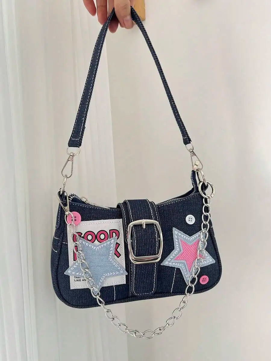 Black Denim Mini Saddle Bag with Star Embroidery, Chain Strap & Buckle Detail