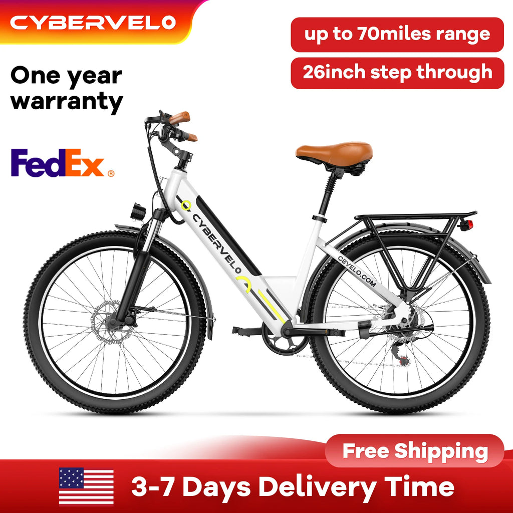 1000W Peak Electric Bike for Adults, 26 Inch Step-Thru Urban Commuter Ebike, Built-in Removable Battery 7-Speed Daily City Travel Cybervelo EK2