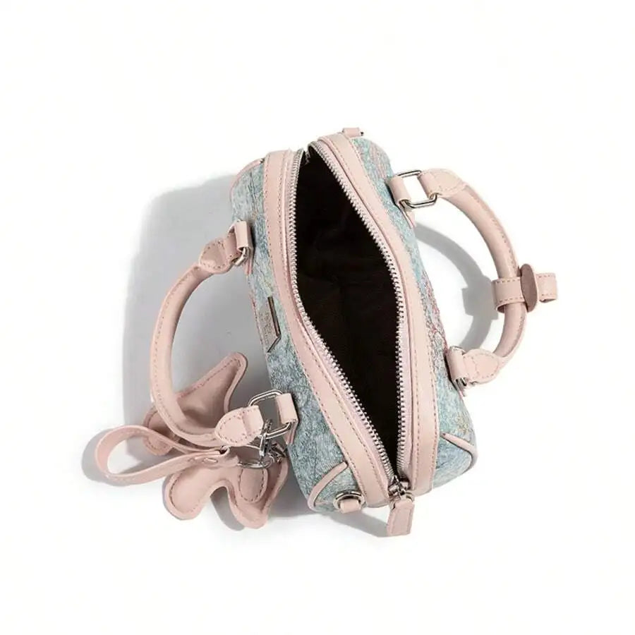 Pastel Pink Handle Bag with Embroidered Pagoda Motif, Boston Style Pillow Shape Crossbody for Women