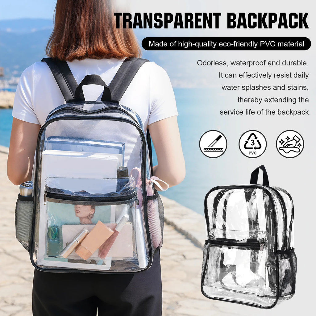 50 Pack PVC Clear Backpack Bulk Waterproof 15 Inch Transparent Bookbags for College Travel Sport Work Stadium Approved