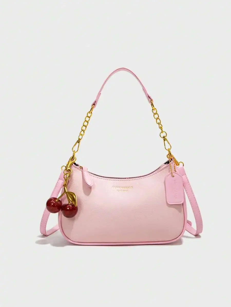 Black Pebbled PU Crescent Shoulder Bag with Gold Chain & Cherry Charm