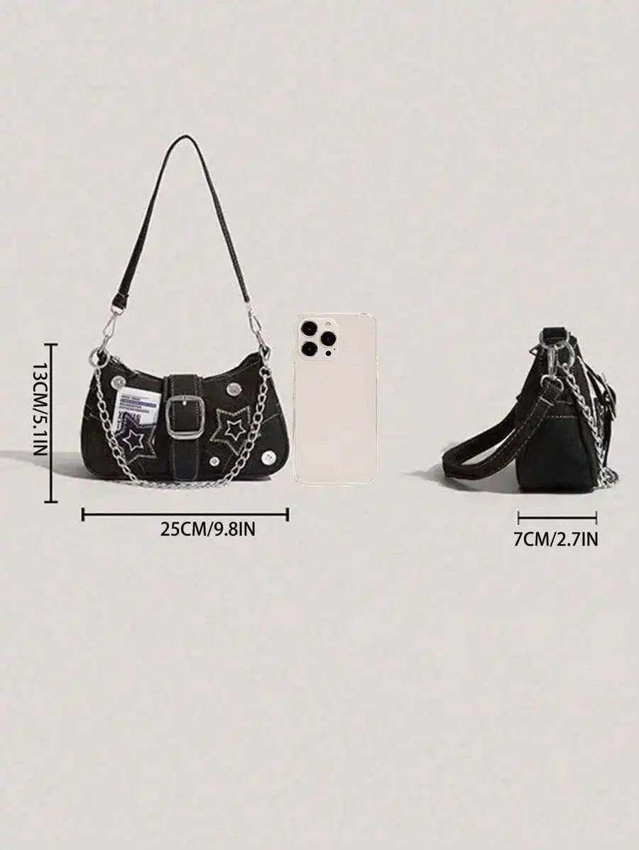Black Denim Mini Saddle Bag with Star Embroidery, Chain Strap & Buckle Detail