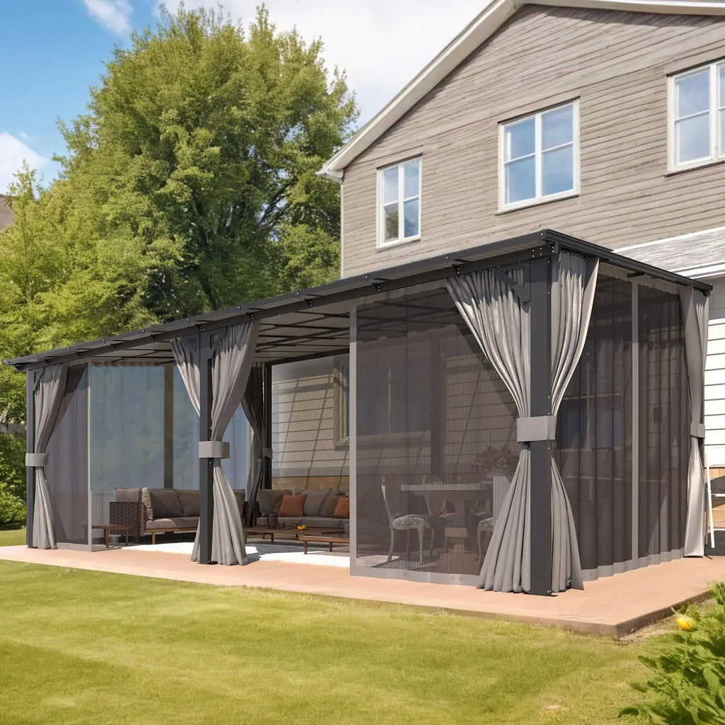 Large Wall Mounted Lean To Pergola Gazebo 20x12 Hard Top With Curtains Netting For Patio Lawn Backyard Garden Deck