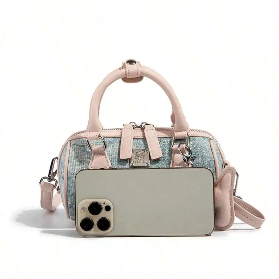 Pastel Pink Handle Bag with Embroidered Pagoda Motif, Boston Style Pillow Shape Crossbody for Women