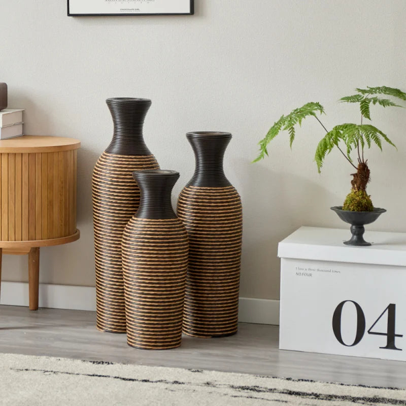Set Of 3 Hand-Woven PVC Rattan Floor Vases 27.56in 23.62in 19.69in Tall Brown Striped Decorative Vases For Farmhouse Style USA