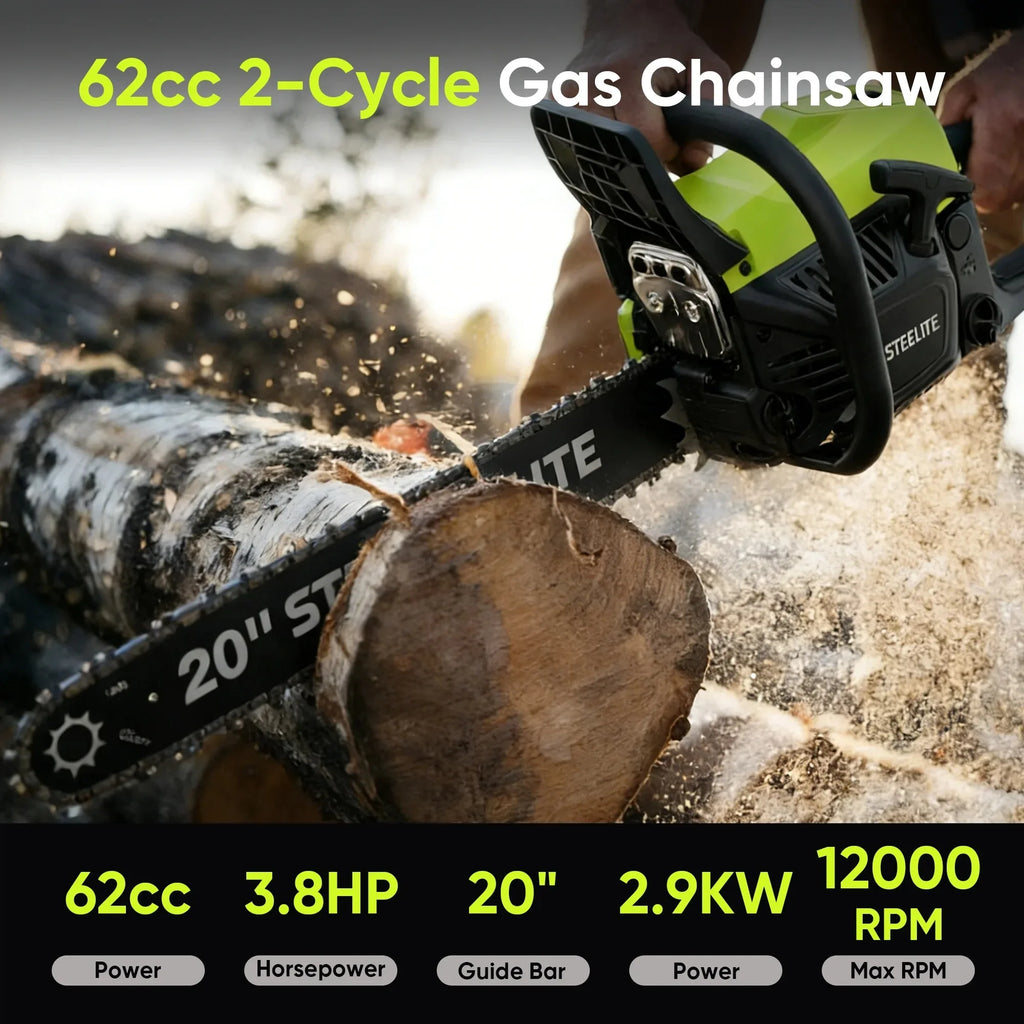 Deli 62CC Gas Powered Chainsaw,20 Inch 2-Stroke Petrol Handheld Cordless Chain Saw,Gasoline Gas Chainsaws for Wood Cutting