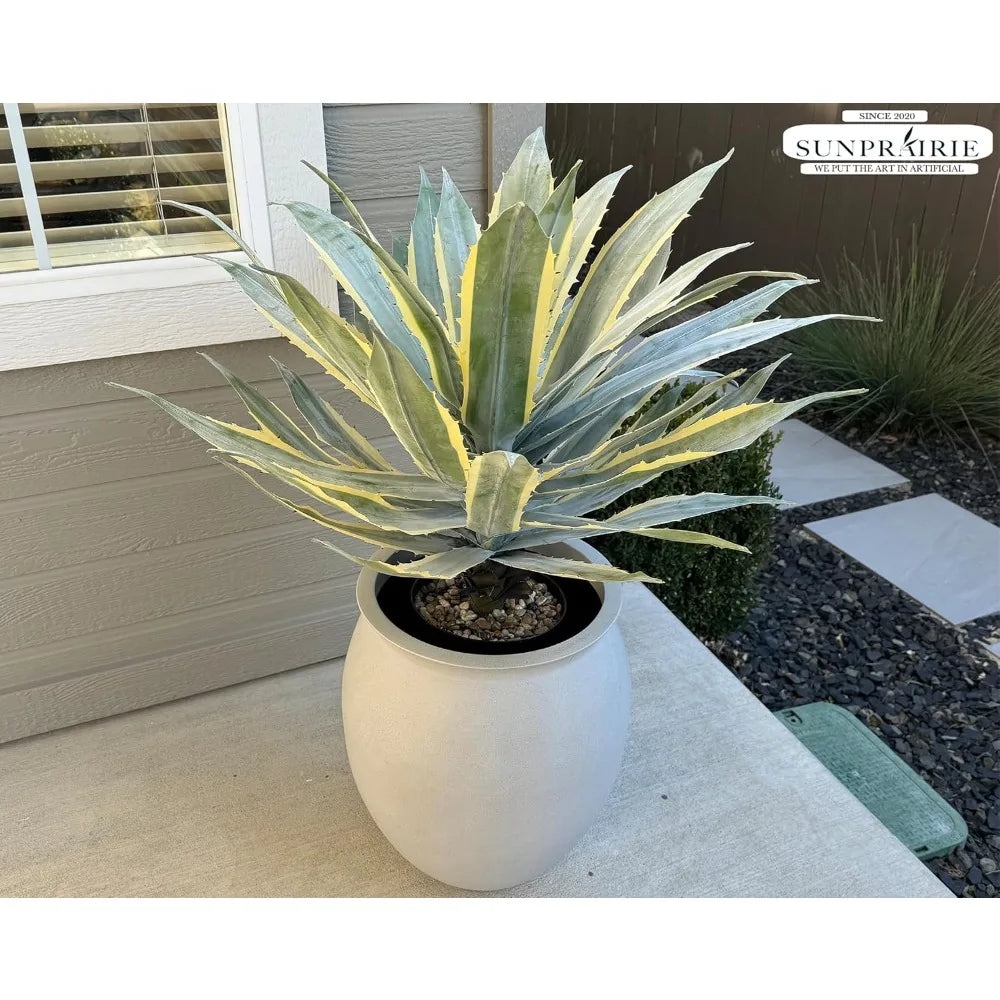 32 Inch Tall Large Faux Agave Plant with Two-Tone Sawtooth Edged Leaves; Planted in Black Pot with Real Stone Pebbles
