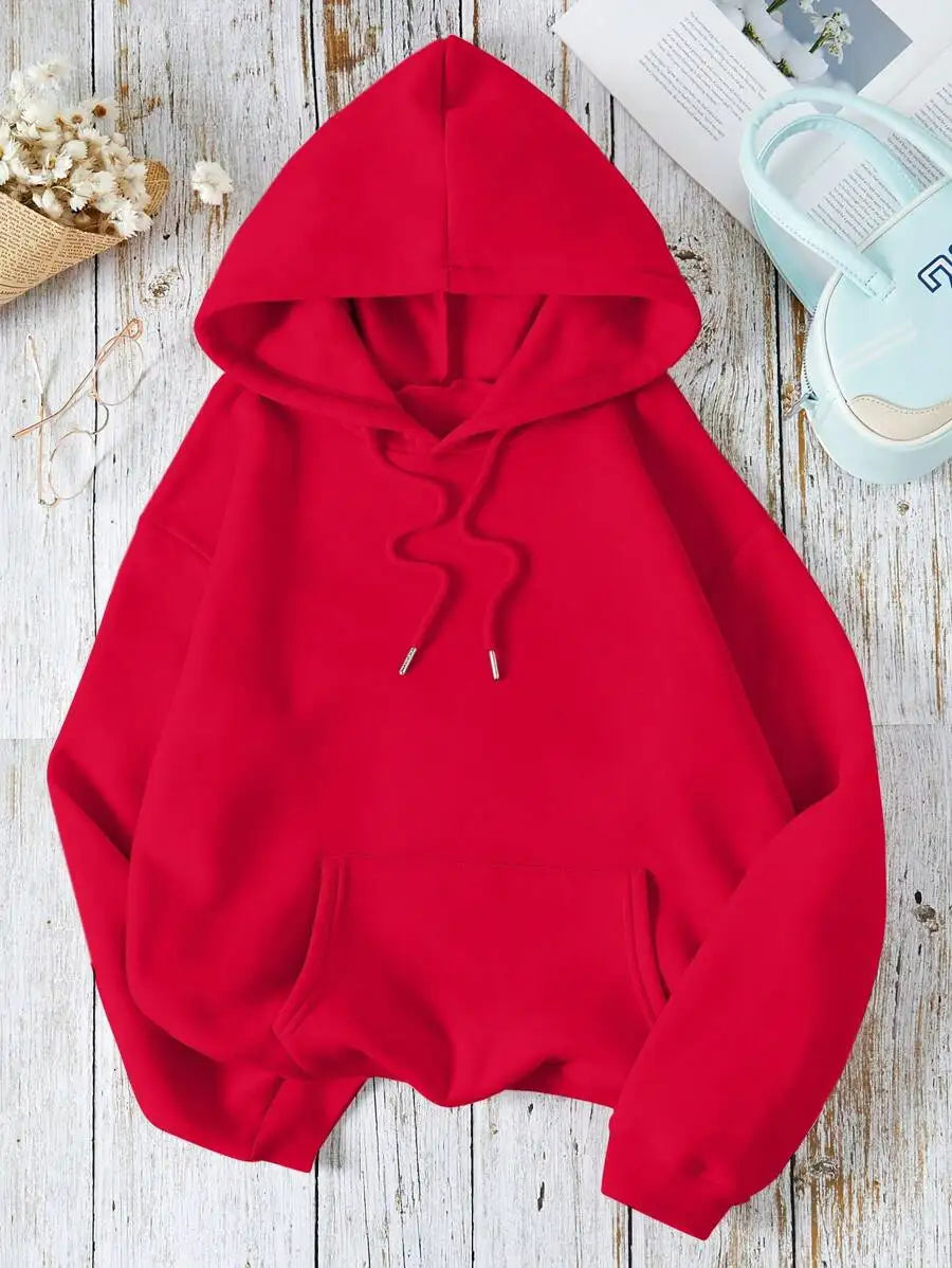Soft Pink Kangaroo Pocket Hoodie with Drawstring, Loose Fit Long Sleeve Pullover for Women