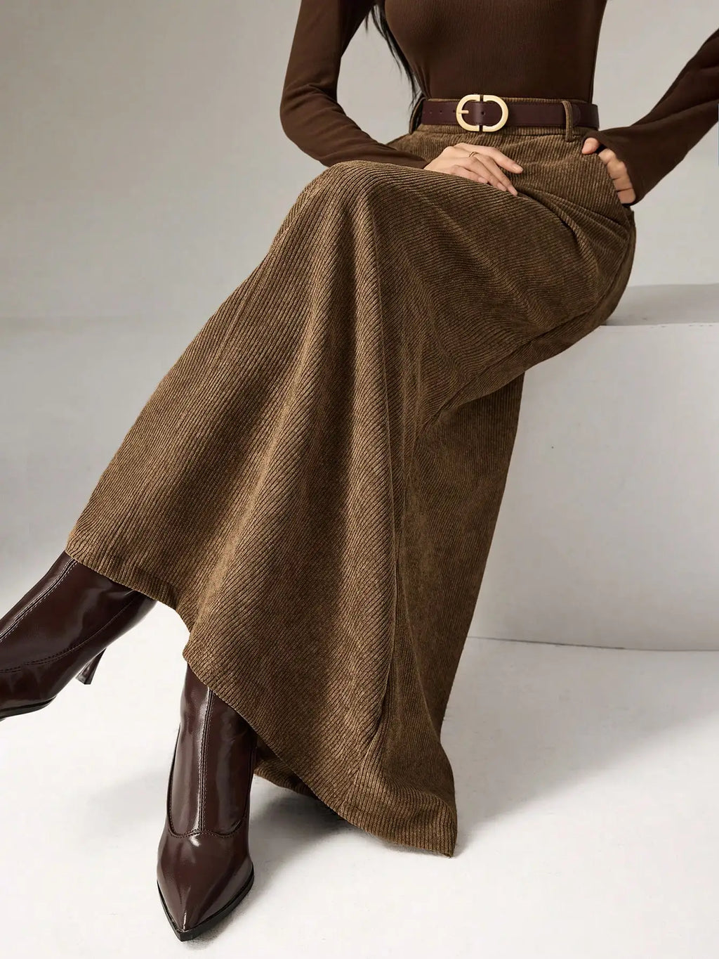 Women's Brown Solid Corduroy Midi Skirt with Belt, Loose Fit for Autumn Winter