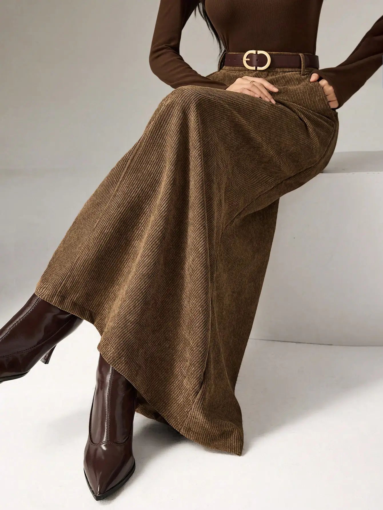 Women's Brown Solid Corduroy Midi Skirt with Belt, Loose Fit for Autumn Winter