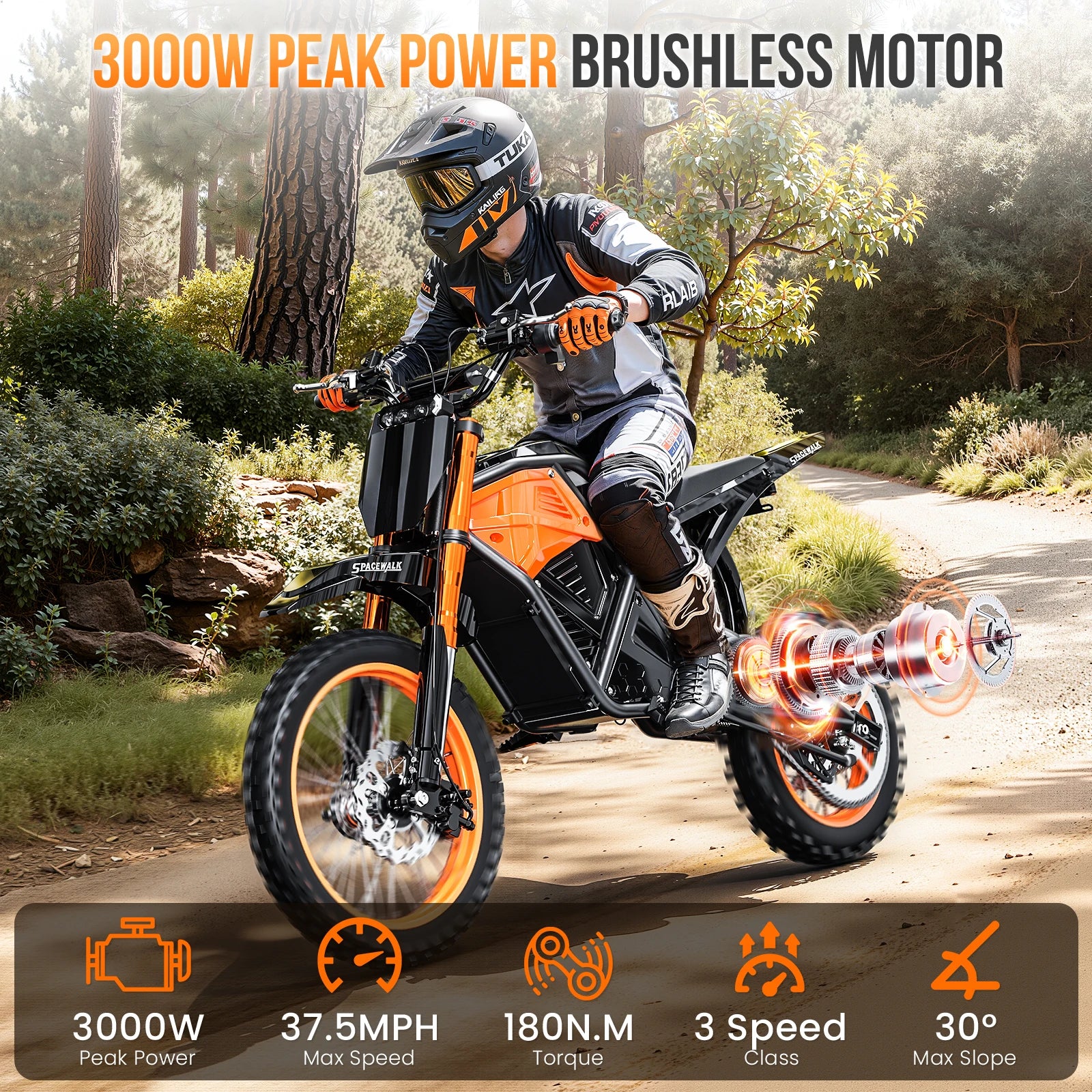 Spacewalk 48V Electric Dirt Bike for Adults, 3000W Peak Power Motor with 14"/12" Fat Tire, 37.5MPH 60 Miles Range Electric bike