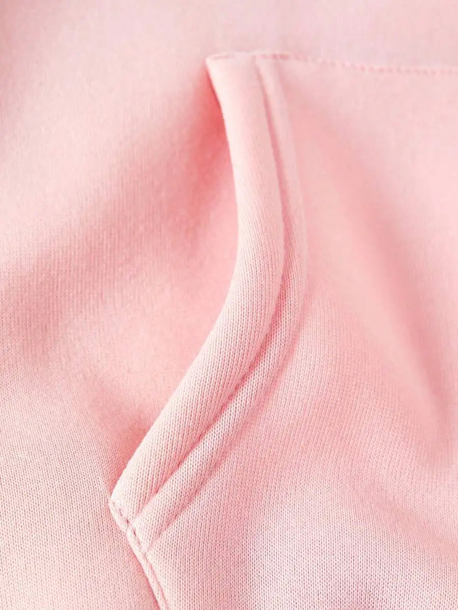 Soft Pink Kangaroo Pocket Hoodie with Drawstring, Loose Fit Long Sleeve Pullover for Women