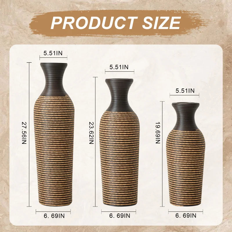 Set Of 3 Hand-Woven PVC Rattan Floor Vases 27.56in 23.62in 19.69in Tall Brown Striped Decorative Vases For Farmhouse Style USA