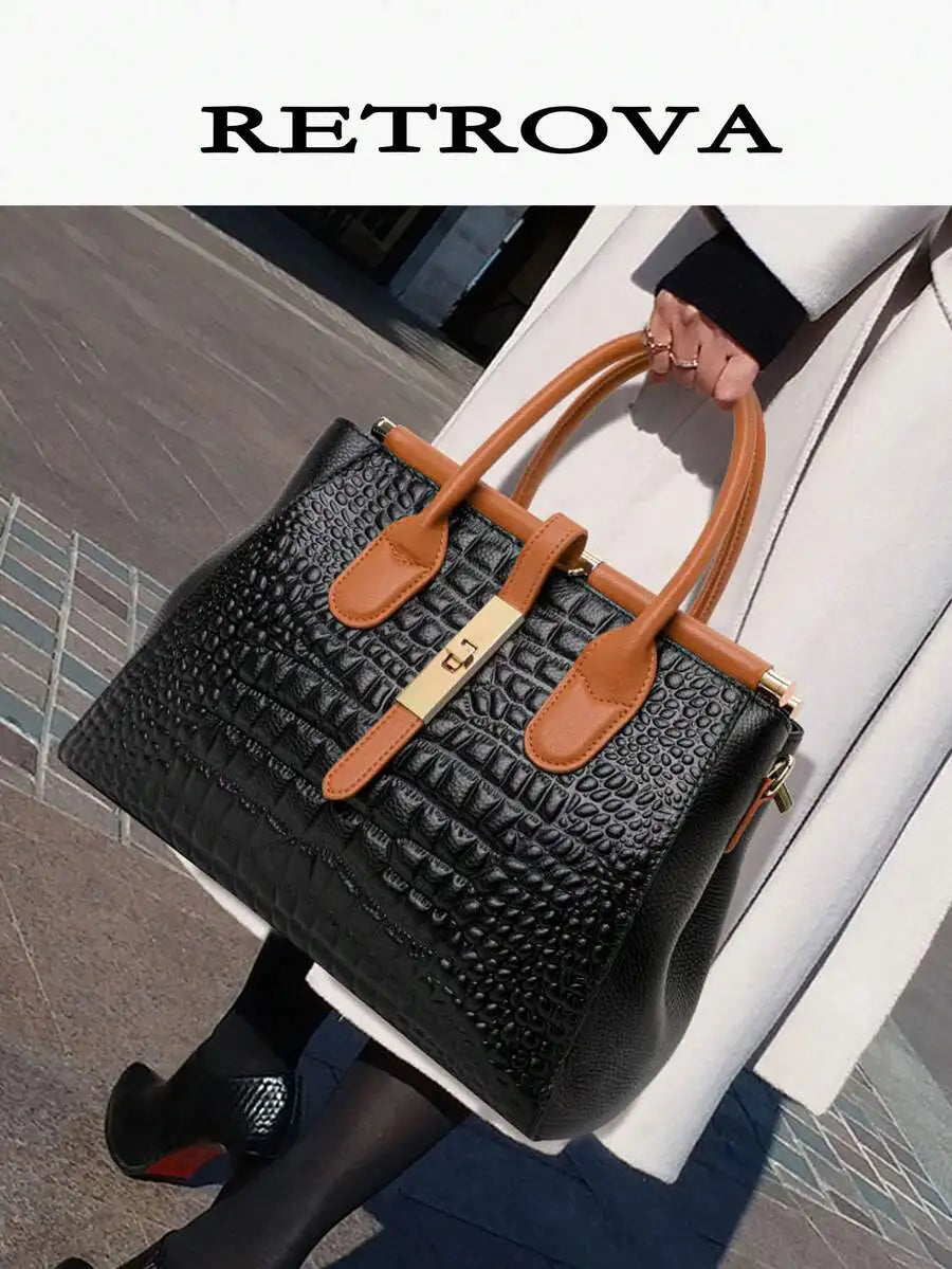 Crocodile-Embossed PU Leather Top-Handle Bag for Women, Large Capacity Office Bag