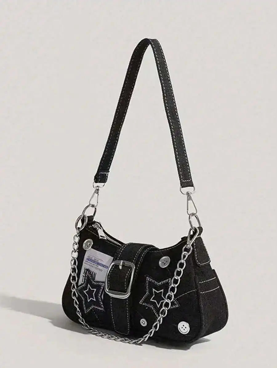 Black Denim Mini Saddle Bag with Star Embroidery, Chain Strap & Buckle Detail