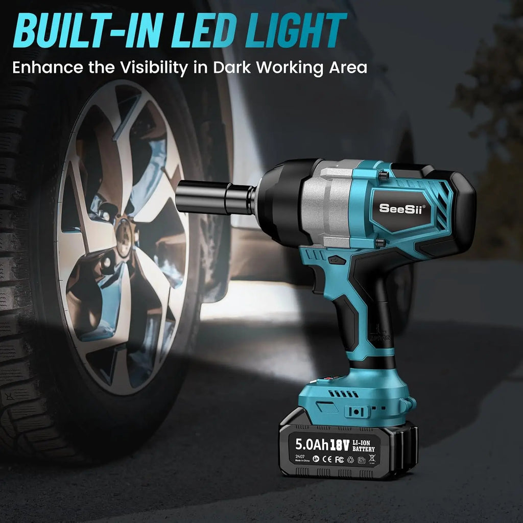 Seesii WH810 Electric Impact Wrench Cordless 1300NM High Torque 1/2 960Ft-lbs Brushless Impact Gun Kit 2x 5Ah Battery for Makita