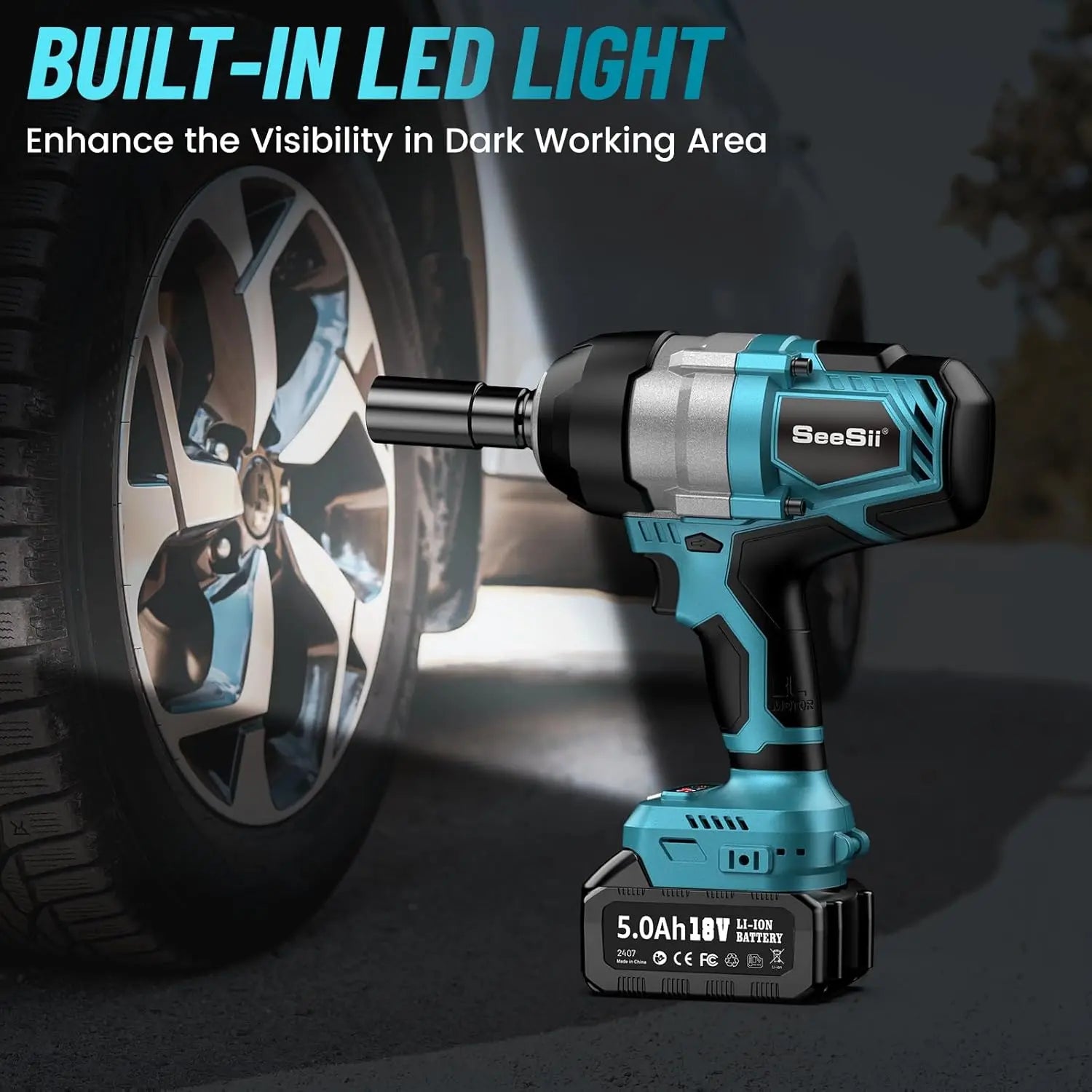 Seesii WH810 Electric Impact Wrench Cordless 1300NM High Torque 1/2 960Ft-lbs Brushless Impact Gun Kit 2x 5Ah Battery for Makita