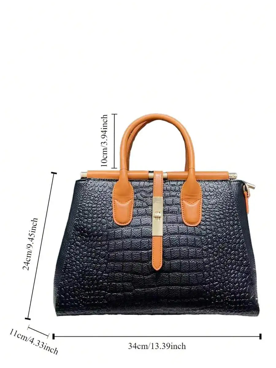 Crocodile-Embossed PU Leather Top-Handle Bag for Women, Large Capacity Office Bag
