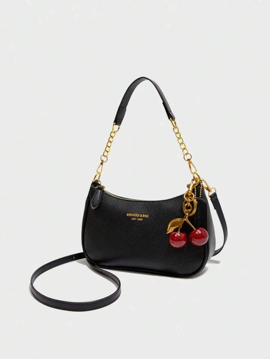 Black Pebbled PU Crescent Shoulder Bag with Gold Chain & Cherry Charm